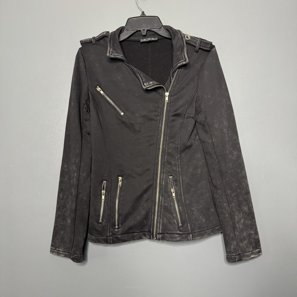 Pol Women's Small Black Acid wash Motto Jacket Sweatshirt‎ Motorcycle
